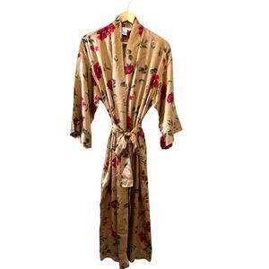 August Silk Long Silk Robe Taupe Red Floral Poppy Print M